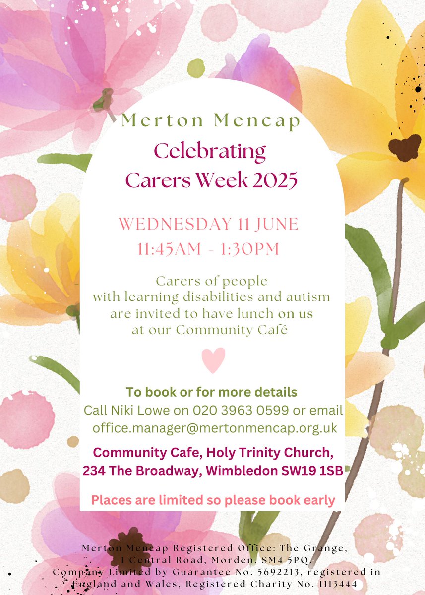 Are you a carer of a person with a learning disability/ autism?  
Why not celebrate Carers Week by joining us for lunch at the Merton Mencap Cafe on Wednesday 11th June.  Spaces still available, call or email to reserve your place.
