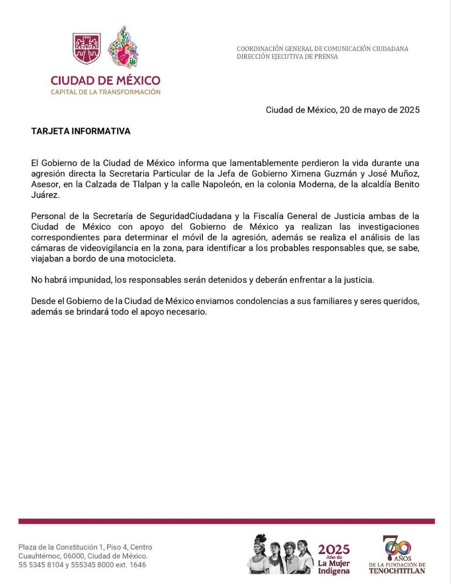 🚨#ULTIMAHORA | En una agresión directa asesinaron a Ximena Guzmán, secretaria particular de la jefa de gobierno <a href="/ClaraBrugadaM/">Clara Brugada Molina</a> y a José Muñoz, asesor.