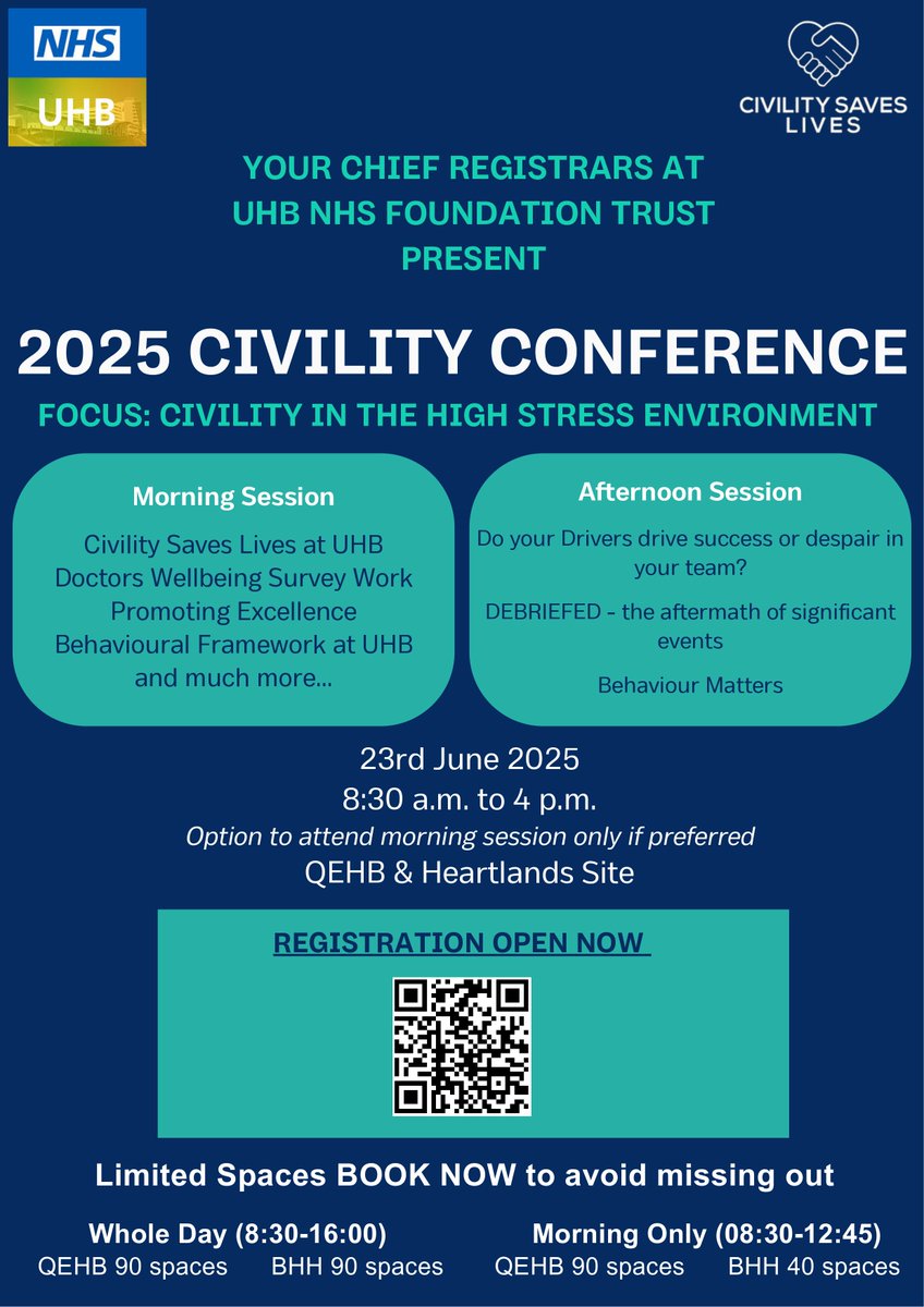 UHB Medical Academy (@uhbmedacademy) on Twitter photo ℹ️The Chief Registrars at UHB present the 2025 Civility Conferenceℹ️
📅23rd June 2025
📍QE and Heartlands Hospital
Please note: For UHB employees only
For more information see posters below. To book your space, please visit buytickets.at/uhbnhsfoundati…
<a href="/UmeshSalanke/">Umesh Salanke</a>
<a href="/uhbtrust/">University Hospitals Birmingham</a> ℹ️The Chief Registrars at UHB present the 2025 Civility Conferenceℹ️
📅23rd June 2025
📍QE and Heartlands Hospital
Please note: For UHB employees only
For more information see posters below. To book your space, please visit buytickets.at/uhbnhsfoundati…
<a href="/UmeshSalanke/">Umesh Salanke</a>
<a href="/uhbtrust/">University Hospitals Birmingham</a>