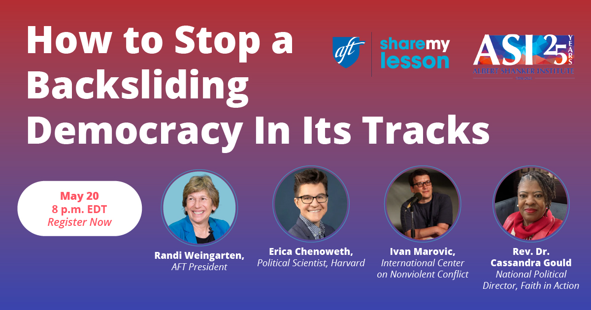 AFT TEACH (@aftteach) on Twitter photo Join Us May 20, 8 PM EDT for an unforgettable panel on fighting for democracy:
sharemylesson.com/webinars/how-t… <a href="/AFTunion/">AFT</a> <a href="/EricaChenoweth/">Erica Chenoweth</a> <a href="/rweingarten/">Randi Weingarten 🇺🇸💪🏿👩🎓🟣🇺🇦</a> <a href="/FIAnational/">Faith in Action</a> <a href="/shankerinst/">Albert Shanker Institute</a> Join Us May 20, 8 PM EDT for an unforgettable panel on fighting for democracy:
sharemylesson.com/webinars/how-t… <a href="/AFTunion/">AFT</a> <a href="/EricaChenoweth/">Erica Chenoweth</a> <a href="/rweingarten/">Randi Weingarten 🇺🇸💪🏿👩🎓🟣🇺🇦</a> <a href="/FIAnational/">Faith in Action</a> <a href="/shankerinst/">Albert Shanker Institute</a>