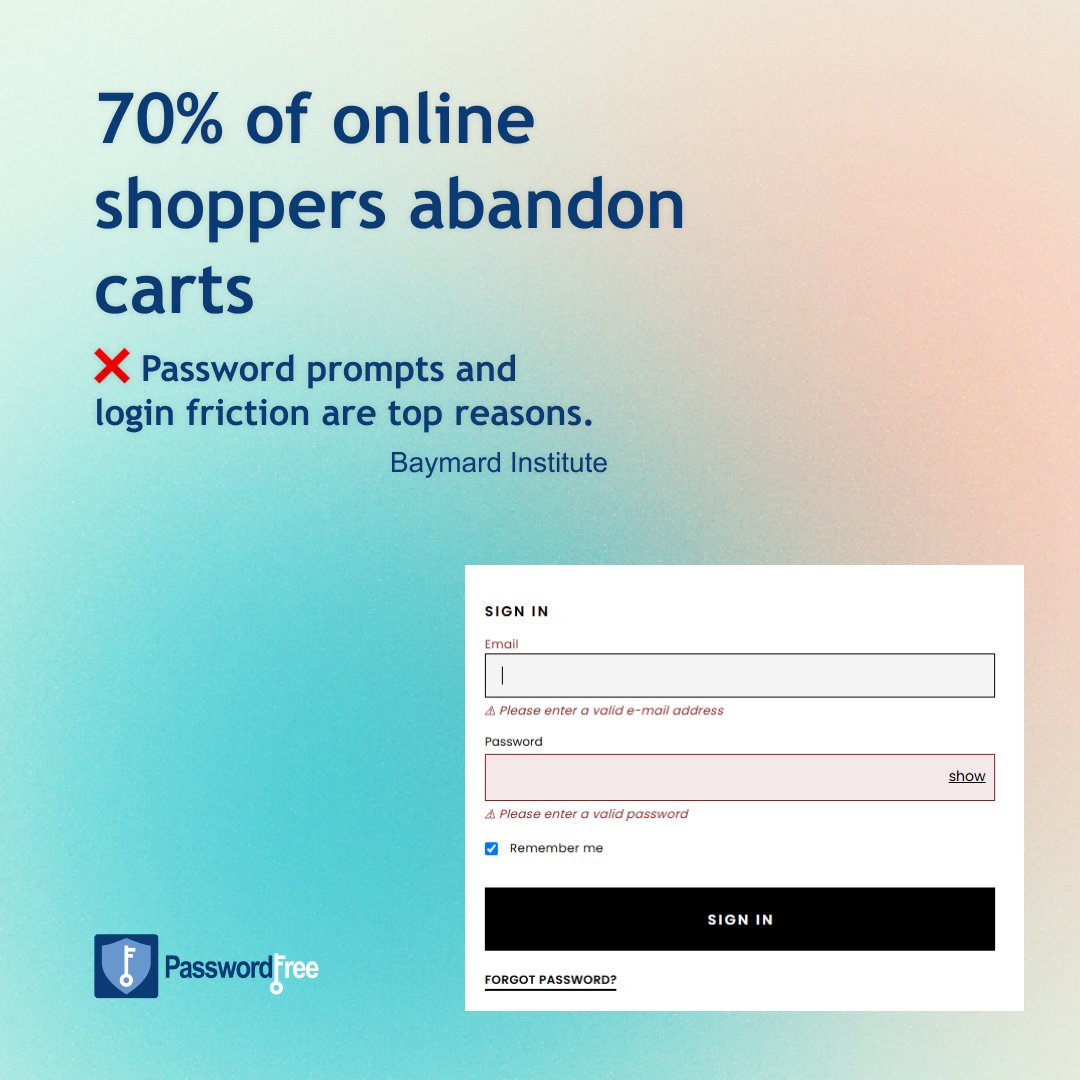 Identit13's tweet photo. “Passwords Are So 2005”
Forgetful customers? Obsolete login methods? We feel your users' pain.

Your users don’t want to reset their password again. Or dig through their email for a magic link.

They want in. Fast.

Check out PasswordFree for Shopify ⬇️ 
https://t.co/HMwWjNDJAY https://t.co/Bp26nAQXjN