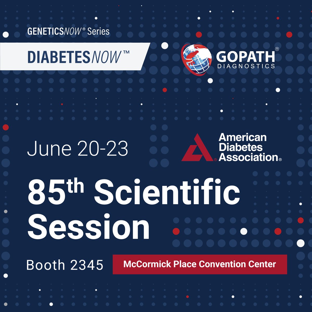 GoPath Diagnostics (@gopathlabs) on Twitter photo We are heading to the <a href="/ADA_DiabetesPro/">American Diabetes Association - DiabetesPro</a> 85th Scientific Sessions in Chicago!
Visit us at booth 2345 to learn about our unique genetic panel for diabetes, DiabetesNow! This panel tests for 16 genes related to MODY, syndromic, neonatal, & mitochondrial causes of monogenic diabetes. We are heading to the <a href="/ADA_DiabetesPro/">American Diabetes Association - DiabetesPro</a> 85th Scientific Sessions in Chicago!
Visit us at booth 2345 to learn about our unique genetic panel for diabetes, DiabetesNow! This panel tests for 16 genes related to MODY, syndromic, neonatal, & mitochondrial causes of monogenic diabetes.