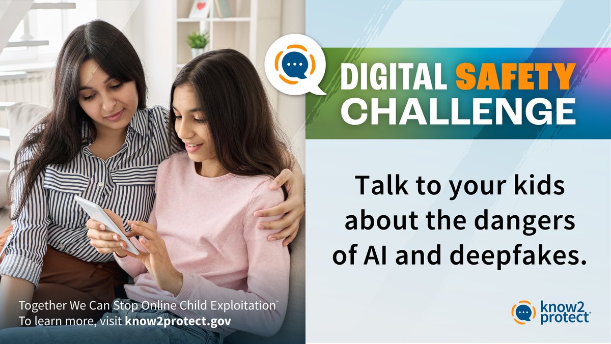 Know2Protect's tweet image. Learn more about GenAI and deepfakes and talk to your kids about the dangers. Visit know2protect.gov to check out our Generative AI Informational Bulletin and @NCMEC  for resources to keep them safe online.

#K2P #SpringIntoSafety