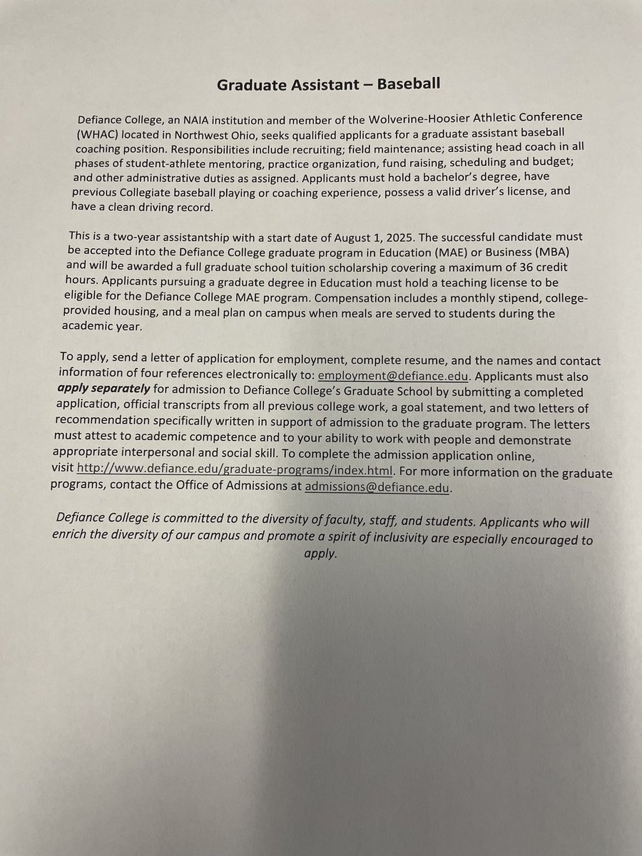 Shane Gardner (@shanebb17) on Twitter photo We are looking to add a GA to our program this fall. Please take a look at the info below and reach out.
Looking for highly motivated individuals that can throw BP and hit fungos!
<a href="/DefiCollegeBASE/">Defiance College Baseball</a> We are looking to add a GA to our program this fall. Please take a look at the info below and reach out.
Looking for highly motivated individuals that can throw BP and hit fungos!
<a href="/DefiCollegeBASE/">Defiance College Baseball</a>