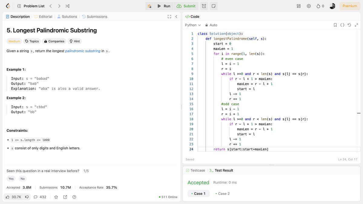 KhanKamranAlwi's tweet photo. 🧵 DAY 9/40 – #DSA40
 💫 Topic: Palindromes via Expansion
 Solved today:
🔹 Leetcode #5 – Longest Palindromic Substring
🔹 Leetcode #647 – Palindromic Substrings
Let’s explore how expanding around centers unlocks both problems 👇
 #Python #Leetcode #DSA https://t.co/fdd3rd4cAY