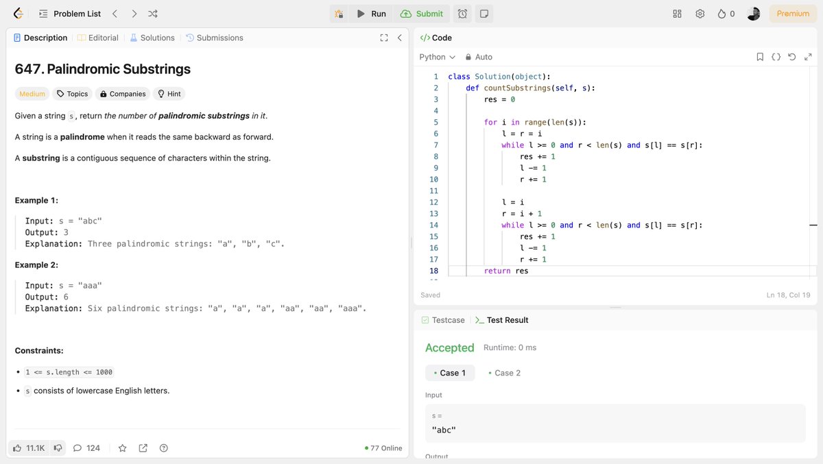KhanKamranAlwi's tweet photo. 🧵 DAY 9/40 – #DSA40
 💫 Topic: Palindromes via Expansion
 Solved today:
🔹 Leetcode #5 – Longest Palindromic Substring
🔹 Leetcode #647 – Palindromic Substrings
Let’s explore how expanding around centers unlocks both problems 👇
 #Python #Leetcode #DSA https://t.co/fdd3rd4cAY