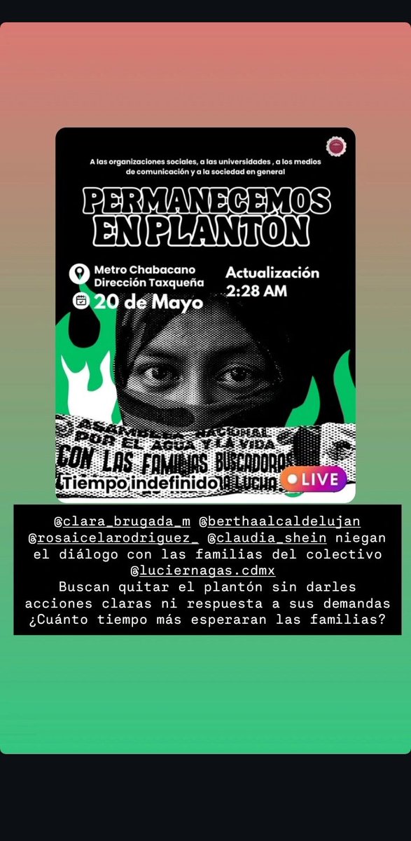 Las familias que conforman el colectivo Luciérnagas mantienen el plantón a la altura de metro chabacano, temen represión, luego de que el gobierno de  <a href="/ClaraBrugadaM/">Clara Brugada Molina</a> se niegue a dialogar y emprender acciones ante sus demandas.
<a href="/BerthaAlcalde/">Bertha Alcalde Luján</a> <a href="/rosaicela_/">Rosa Icela Rodríguez Velázquez</a> <a href="/Claudiashein/">Claudia Sheinbaum Pardo</a>