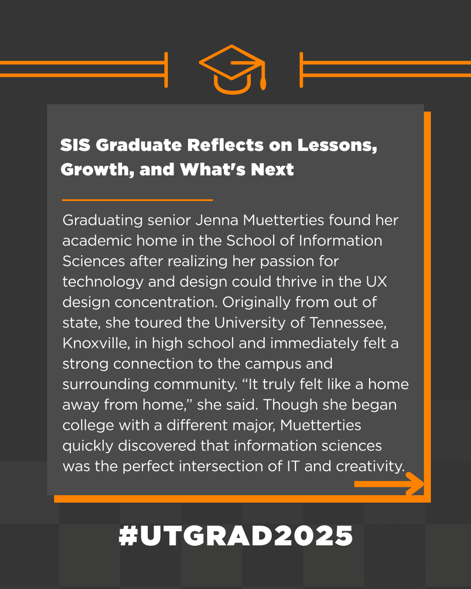 UTKSIS's tweet photo. SIS grad Jenna Muetterties found her place at UT through UX design and campus involvement. After 4 busy years of growth, she’s ready to travel before launching her career in Knoxville!

Read more: https://t.co/YiRv7lutsO

#VolGrad2025 #SISGrad #Commencement2025 #UTK https://t.co/7k7VouBKqS