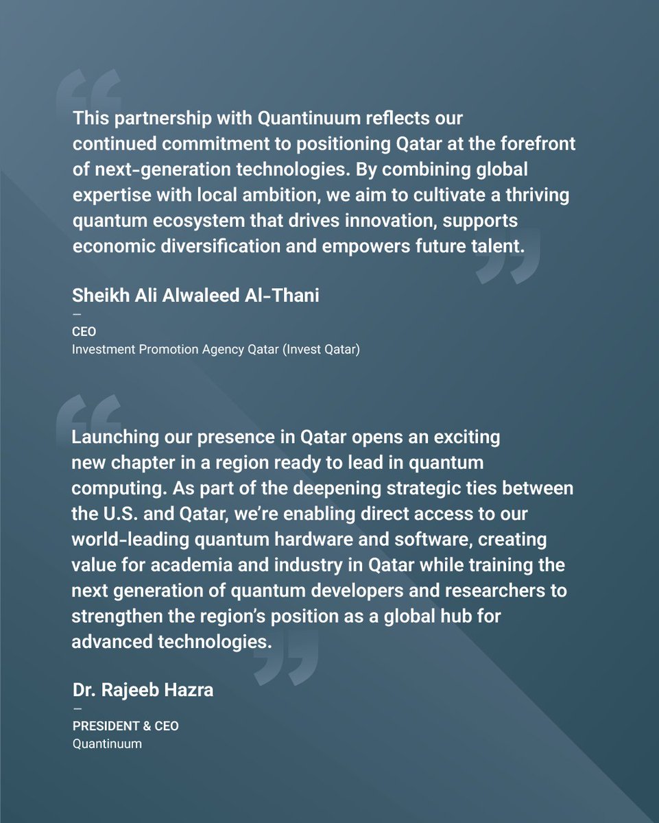Invest Qatar partners with <a href="/QuantinuumQC/">Quantinuum</a> to advance Qatar's quantum computing capabilities. The collaboration will accelerate sector-specific applications, strengthen local R&amp;D and develop specialised talent - positioning Qatar as a regional quantum technology hub.

Learn more: