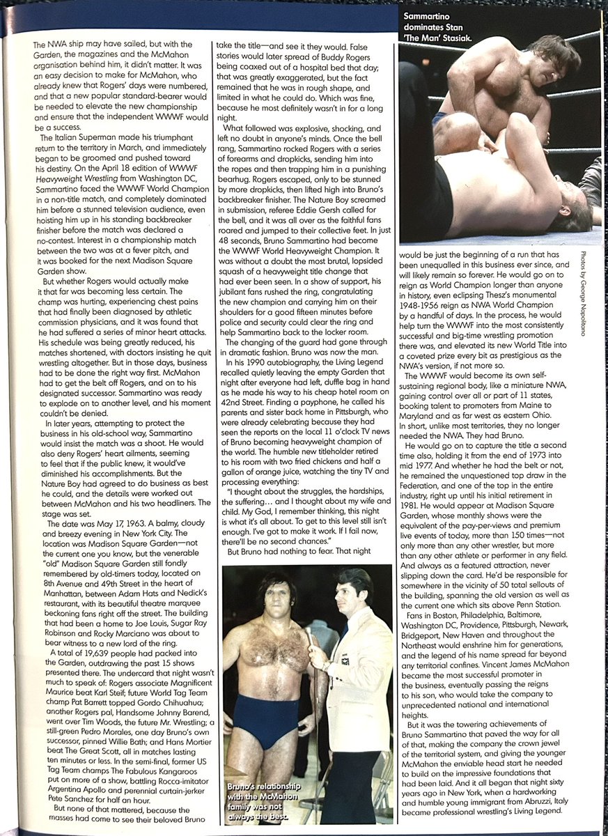 In honor of the recent anniversary of Bruno Sammartino winning the WWWF World title, here’s my article commemorating the 60th anniversary of that auspicious occasion, from the June 2023 issue of Inside the Ropes (#33). 🇮🇹