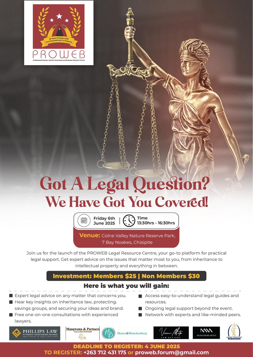 PROWEB (@proweb2005) on Twitter photo 🔹 Got Legal Questions? We have Got You Covered!
Join us for the PROWEB Legal Resource Centre Networking Event, free legal consultations, expert insights, and practical tools to help women make informed decisions.
📌 Register : +263 712 431 175 | proweb.forum@gmail.com 🔹 Got Legal Questions? We have Got You Covered!
Join us for the PROWEB Legal Resource Centre Networking Event, free legal consultations, expert insights, and practical tools to help women make informed decisions.
📌 Register : +263 712 431 175 | proweb.forum@gmail.com