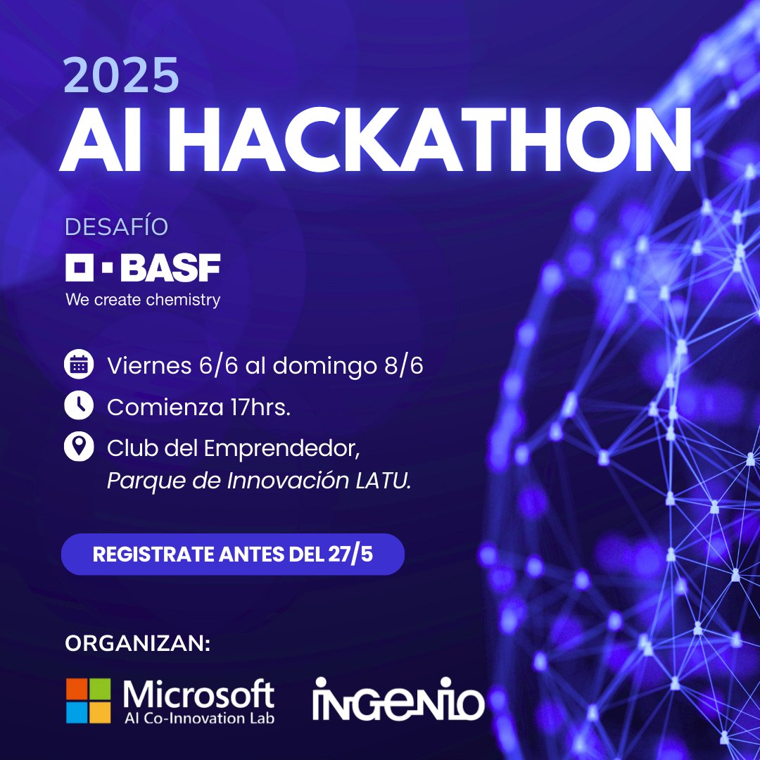 AI Hackathon 2025💻

Una experiencia única para quienes quieran aplicar inteligencia artificial a un desafío real propuesto por <a href="/BASF/">BASF</a>.

📅 6 al 8 de junio
📍 Parque de Innovación <a href="/LATU_uy/">LATU</a> 
👥 Equipos de 3 a 5 personas 

🔗 Postulá antes del 27 de mayo:  forms.gle/gG4D43a1GusedU…
