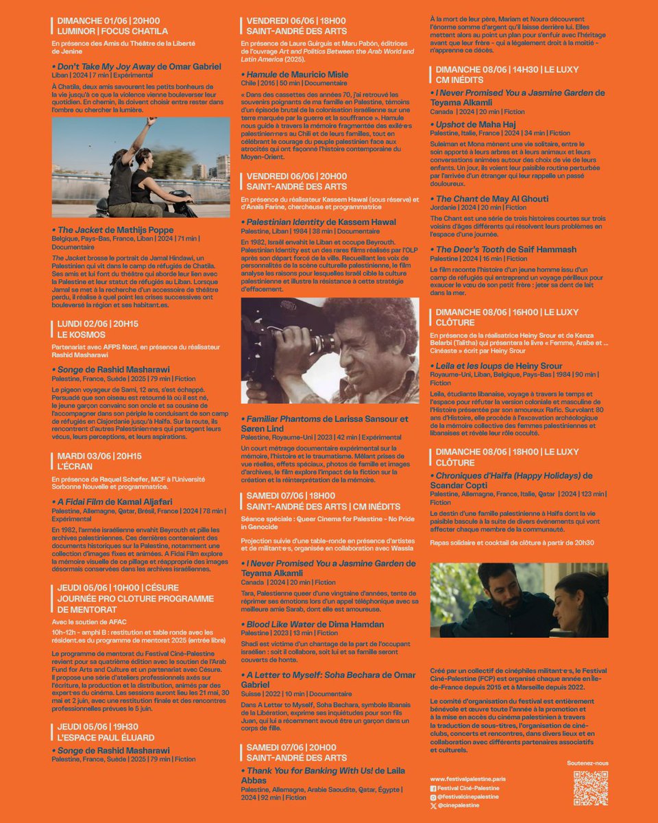 Découvrez le programme de la 11ᵉ édition du Festival Ciné-Palestine, du 29 mai au 8 juin à Paris &amp; en Île-de-France.
Un espace pour les voix palestiniennes, les récits libres et les images en résistance.

Programmation complète : festivalpalestine.paris
