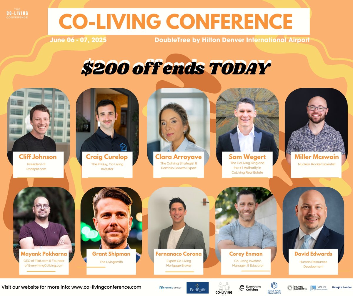 ⏰ Early Bird ends TODAY—save $200!
🚀 Join the 1st Co-Living Conference, June 6–7 in Denver!
Hear from @CraigCurelop, @CliffJohnson, @ClaraArroyave, <a href="/SamWegert/">Sam Wegert</a> &amp; more.
🎟 Few in-person spots left. Livestream open!
👉 Co-LivingConference.com
#coliving2025 #realestateinvesting
