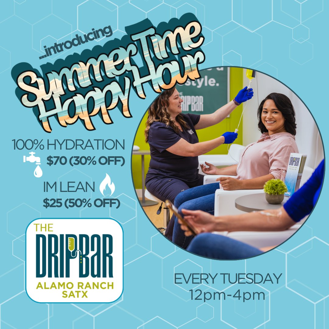 dripbarsatx's tweet photo. ✨ Happy Hour Today ✨

Every Tuesday from 12–4 PM, it's Happy Hour at The DRIPBaR Alamo Ranch! 💧

➡️ 30% OFF our Hydration IV Drip
➡️ 50% OFF IM Lean

#TheDRIPBaRAlamoRanch #HappyHourTuesdays #HydrationHappyHour #SATXWellness #DripWithUs #IVTherapySanAntonio https://t.co/6dry8R27zS