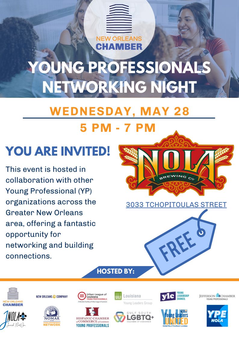 Join the New Orleans Chamber of Commerce for our Spring YP Night!  👒 
Next Wednesday, May 28th at Nola Brewing Co.

⏺️ Register here and let's have the best time: neworleanschamber.org/events/details…