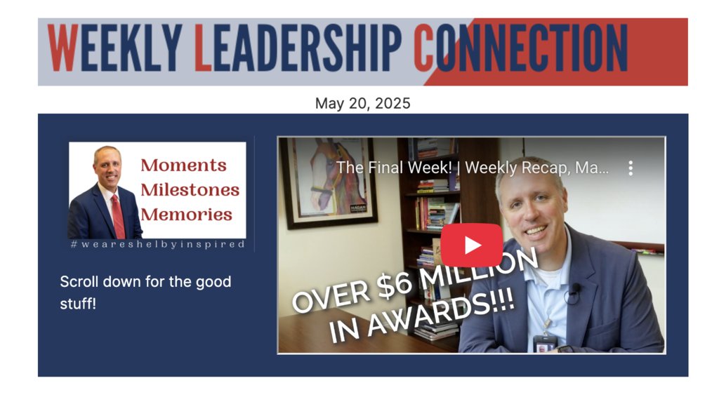 Visit the Superintendent's Weekly Leadership Connection Newsletter.  Upcoming events, highlights from our week, and a video from Dr. Matthews! 
 scps.edurooms.com/engage/shelby-…