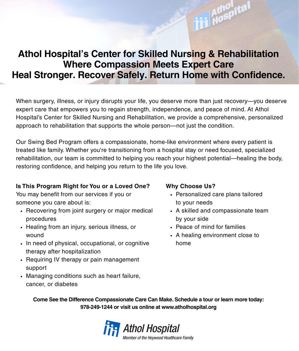 Athol Hospital’s Center for Skilled Nursing &amp; Rehabilitation
Where Compassion Meets Expert Care
Heal Stronger. Recover Safely. Return Home with Confidence.

atholhospital.org/services/the-c…

 #HeywoodHealthcare#AtholHospital #SkilledNursing #CompassionateCare