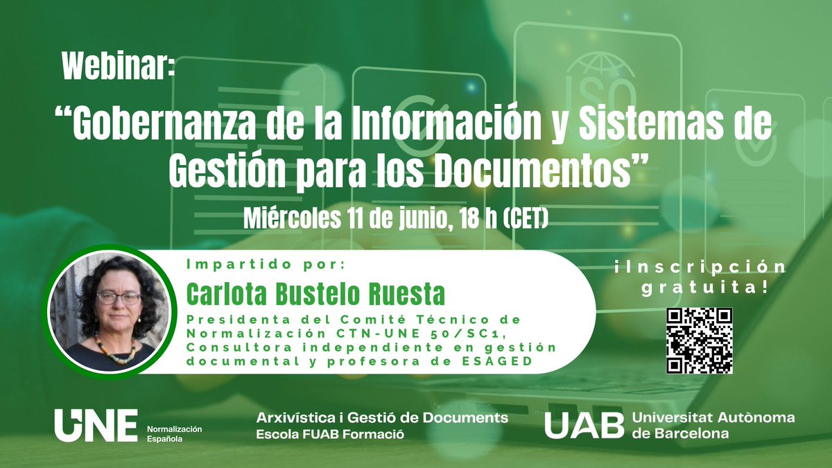 UNE Asociación Española de Normalización (@normasune) on Twitter photo 📣 🖥️ SAVE THE DATE | <a href="/ESAGED_UAB/">Arxivística i Gestió de Documents UAB</a> y #UNE organizamos el Webinario "Gobernanza de la Información y Sistemas de Gestión para los Documentos", impartido por <a href="/carlotabustelo/">Carlota Bustelo</a>.
📅 11 junio
🕕 18:00-19:30 h
📲 Formato online
🎯 El objetivo es dar a conocer el trabajo del Comité 📣 🖥️ SAVE THE DATE | <a href="/ESAGED_UAB/">Arxivística i Gestió de Documents UAB</a> y #UNE organizamos el Webinario "Gobernanza de la Información y Sistemas de Gestión para los Documentos", impartido por <a href="/carlotabustelo/">Carlota Bustelo</a>.
📅 11 junio
🕕 18:00-19:30 h
📲 Formato online
🎯 El objetivo es dar a conocer el trabajo del Comité