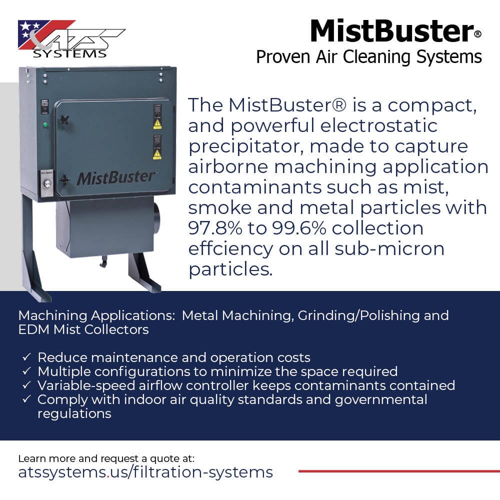 Ats_Systems_'s tweet image. High Efficiency Air Cleaning with MistBuster®

Breathe easier with MistBuster® — the high-efficiency solution for capturing oil mist and smoke generated by water-soluble, synthetic, and petroleum-based metalworking fluids

Get a quote: hubs.la/Q03nkPkF0