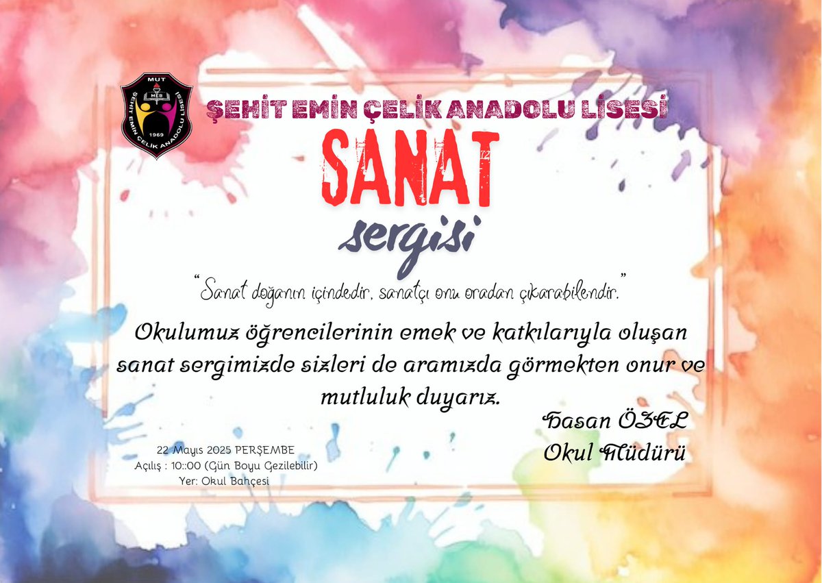 Şehit Emin Çelik Anadolu Lisesi (@secal_mut) on Twitter photo Resim sergimizde sizleri aramızda görmekten mutluluk duyarız. Sergimiz okulumuz bahçesinde 22.05.2025 Perşembe günü saat 10:00'dan itibaren ziyaretçilere açık olacaktır. Bekleriz.
<a href="/mut_mem/">Mut İlçe MEM</a>
<a href="/erddlk33/">Erdal DÖLEK 🇹🇷</a> Resim sergimizde sizleri aramızda görmekten mutluluk duyarız. Sergimiz okulumuz bahçesinde 22.05.2025 Perşembe günü saat 10:00'dan itibaren ziyaretçilere açık olacaktır. Bekleriz.
<a href="/mut_mem/">Mut İlçe MEM</a>
<a href="/erddlk33/">Erdal DÖLEK 🇹🇷</a>