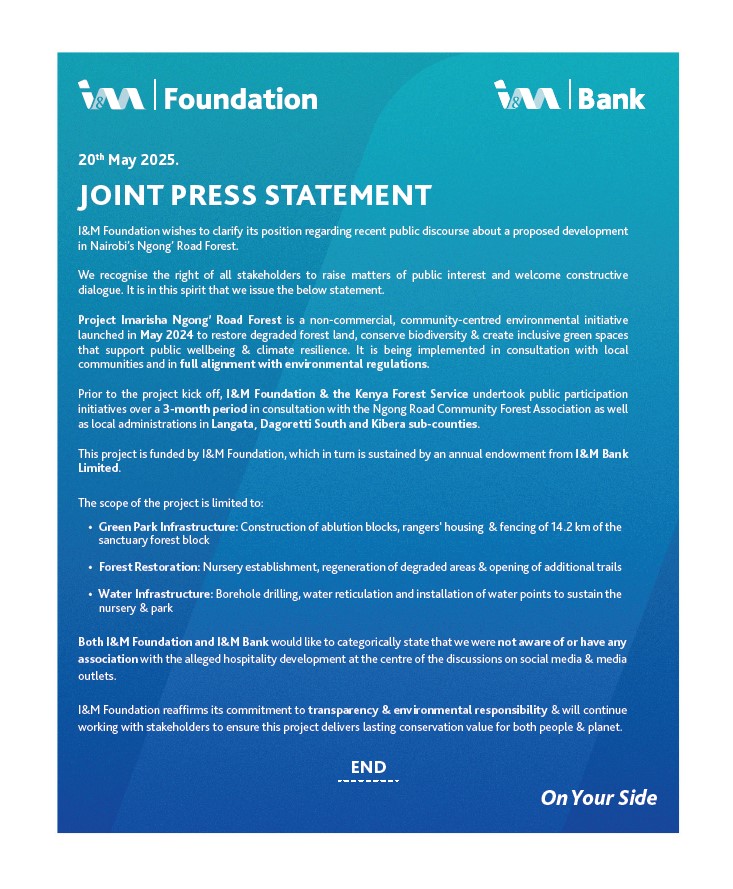 I&M Foundation (@imfoundationke) on Twitter photo This joint statement serves to clarify I&M Foundation and <a href="/imbankke/">I&M Bank Kenya</a>'s role with Project Imarisha Ngong’ Road Forest. As stewards of our natural heritage, we encourage Kenyans to remain vigilant & engaged in safeguarding public resources for all generations. #OnYourSide This joint statement serves to clarify I&M Foundation and <a href="/imbankke/">I&M Bank Kenya</a>'s role with Project Imarisha Ngong’ Road Forest. As stewards of our natural heritage, we encourage Kenyans to remain vigilant & engaged in safeguarding public resources for all generations. #OnYourSide