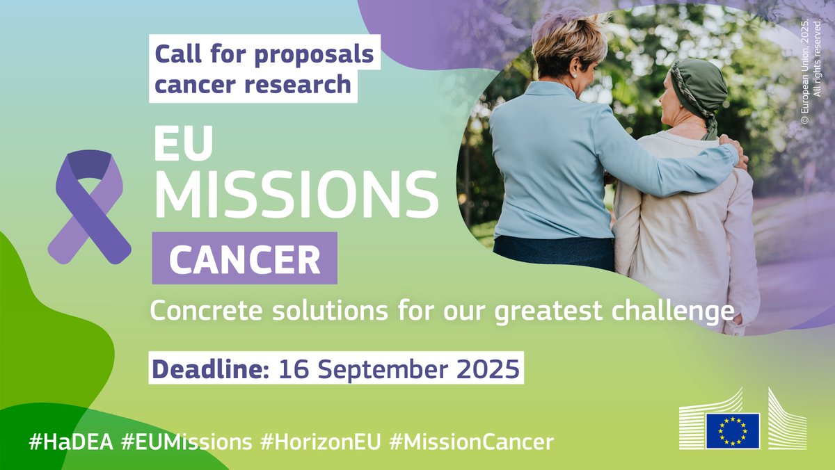 The #HorizonEU call for proposals to support the EU Mission on Cancer is open!

The deadline for all six topics is 16 September 2025, 17:00 (CEST).

Learn more: hadea.ec.europa.eu/news/2025-hori…

#EUMissions #MissionCancer