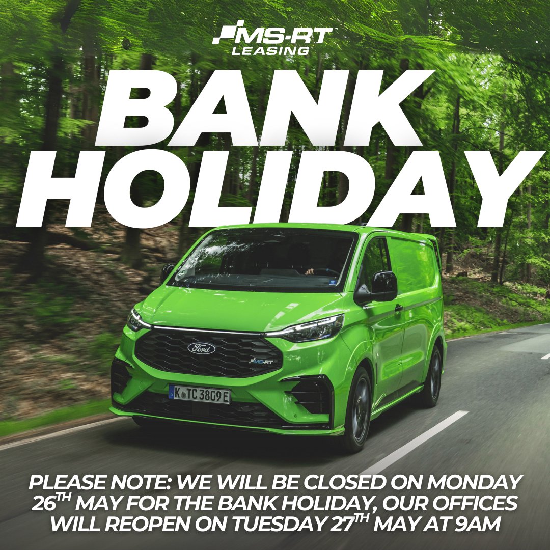 MSRTleasing's tweet photo. The Bank Holiday is quickly approaching! 👏🏻

🚨Closed from: Friday 23rd May, 5pm
🚨Back open: Tuesday 27th May, 9am
Enjoy the long weekend! 📷

#BuiltForBusiness #VanLife #FordMSRT #LeasingDeals #CustomDrive #BuildYourDrive https://t.co/hcjdTDaO1f