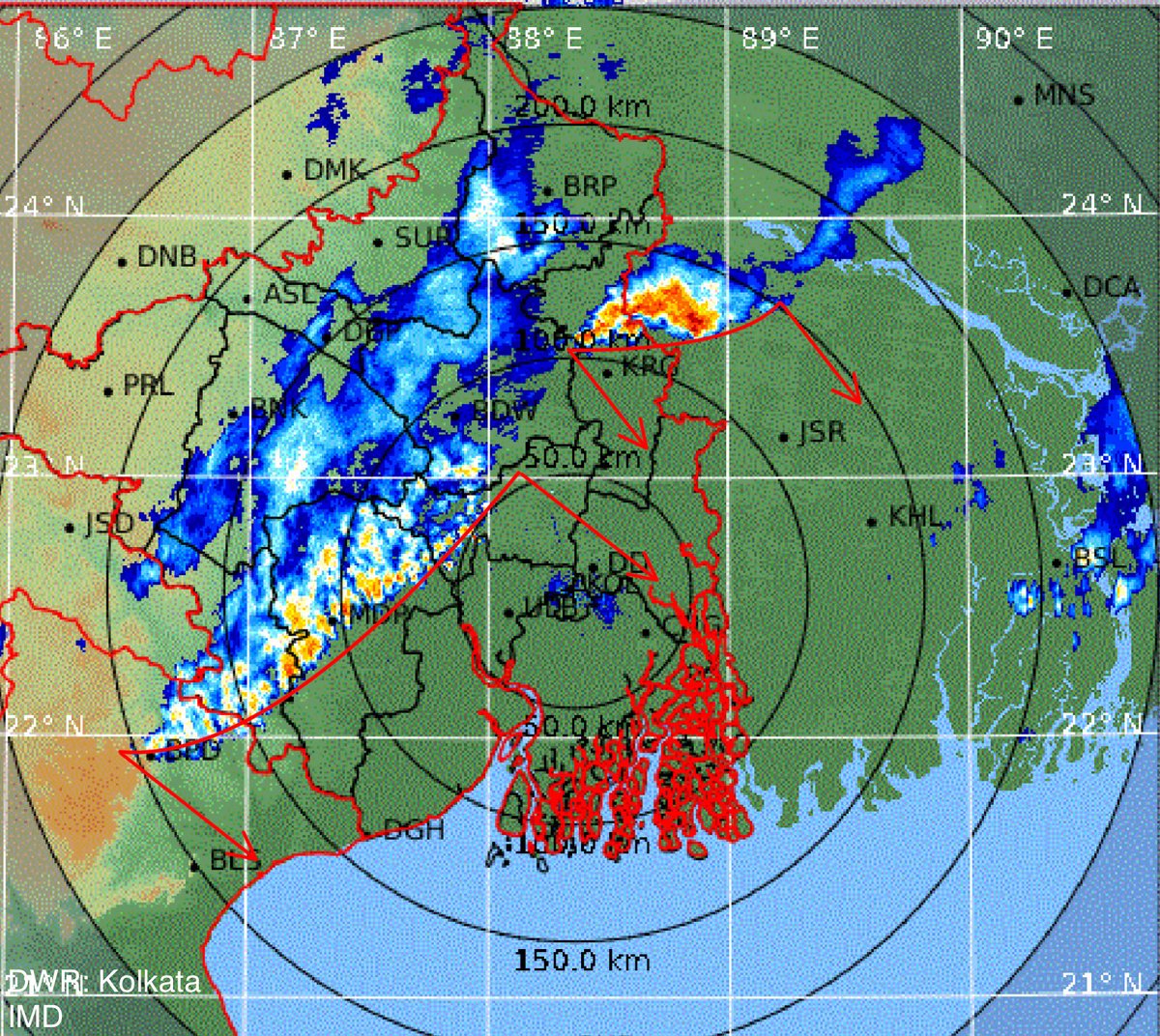 indiametsky's tweet photo. Nowcast-1
A moderate intensity Nor’wester is going to bring moderate to heavy rains along with gusty winds upto 75km/h accompanied by loud thunder and lightning strikes in #Kolaghat, #Kharagpur, #Kolkata, #Bardhaman, #Haldia, #Howrah, and adjoining Northern #Odisha, #Balasore and nearby areas in next 2-3 hours
#KolkataRains