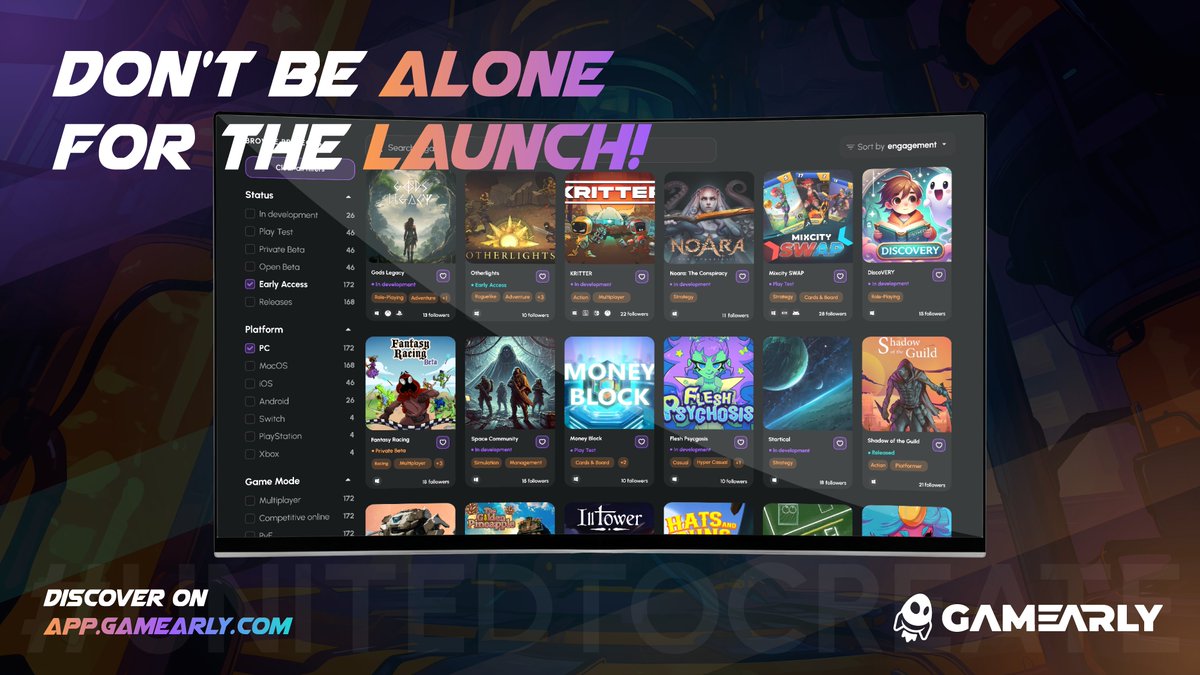 Gamearly's tweet photo. 🎮 You’re building a game... but who’s going to be there on launch day?

With GAMEARLY, you're no longer building in the dark.

🔥 A complete ecosystem with tools to:

✅ Engage your community
✅ Unite your players
✅ Turn them into ambassadors

🚀 https://t.co/STqUweBB31

#IndieDev #Gamearly #BuildInPublic #UnitedToCreate