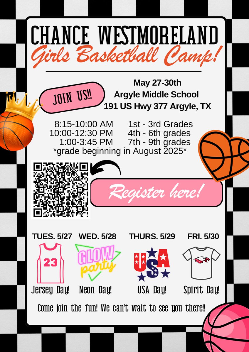 📢 ONE WEEK AWAY! 

Get registered for Lady Eagle Basketball camp today!! 🏀🎀 We still have spots avaliabe but they are going quick 💨 The best week of the summer, don't miss out!! 

Register with the QR code below or with this link! ⤵️

forms.gle/KRHwyZb7vzgxX6…