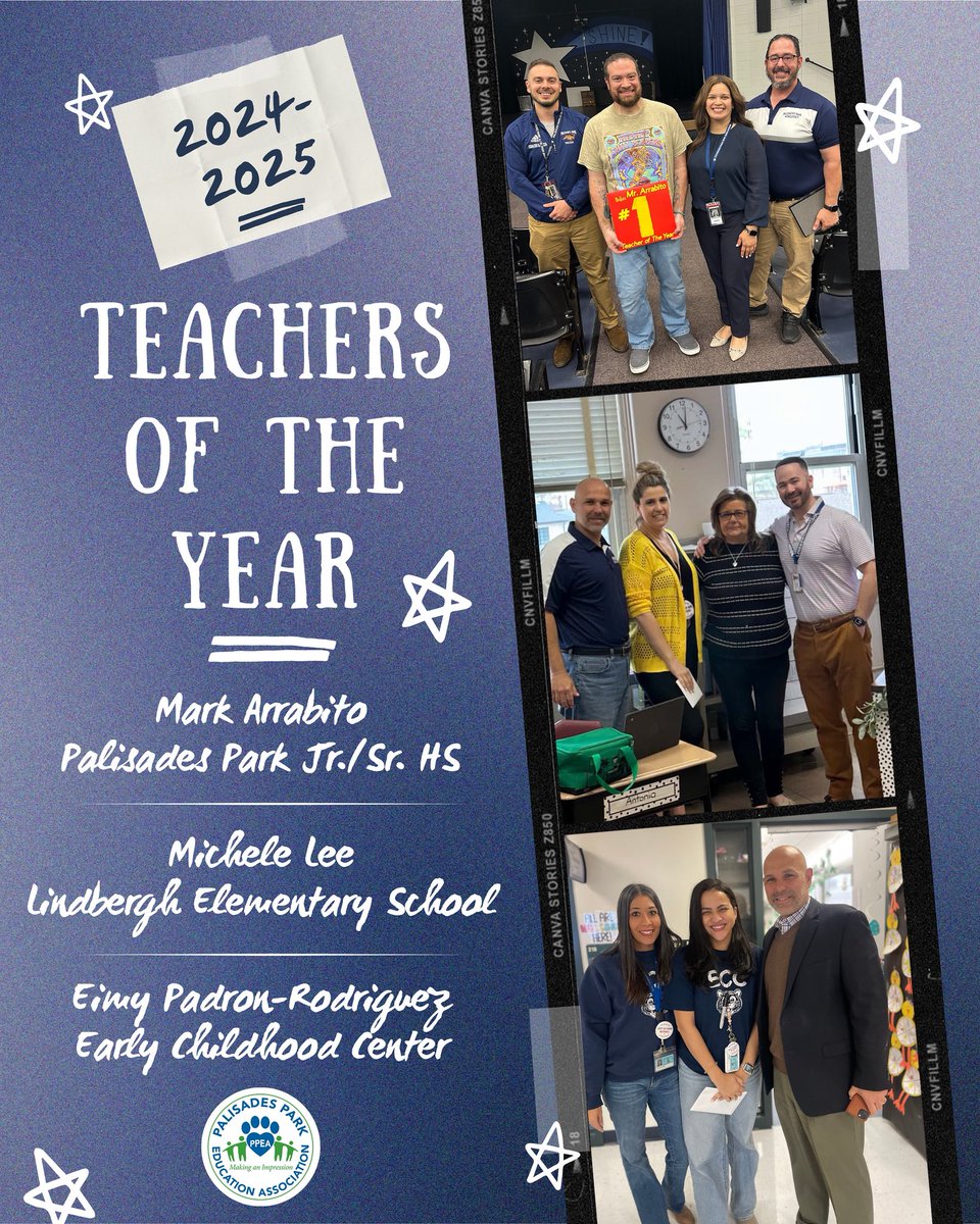 PalisadesParkEA's tweet photo. The Palisades Park Education Association extends a heartfelt congratulations to our district’s three Teachers of the Year! 💚 #teacheroftheyear #teacher #ppea #ppeaproud #palparkea #unionstrong #palisadespark https://t.co/129tOxLR49