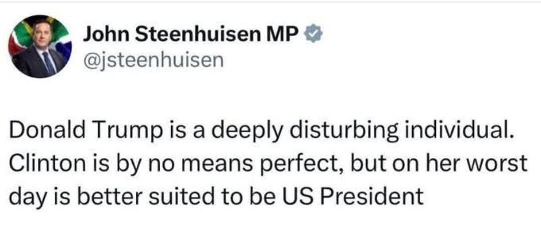 Welcome to the United States Minister #Steenhuisen. May you have all the success you deserve when you meet President #Trump.

Memories like an elephant...