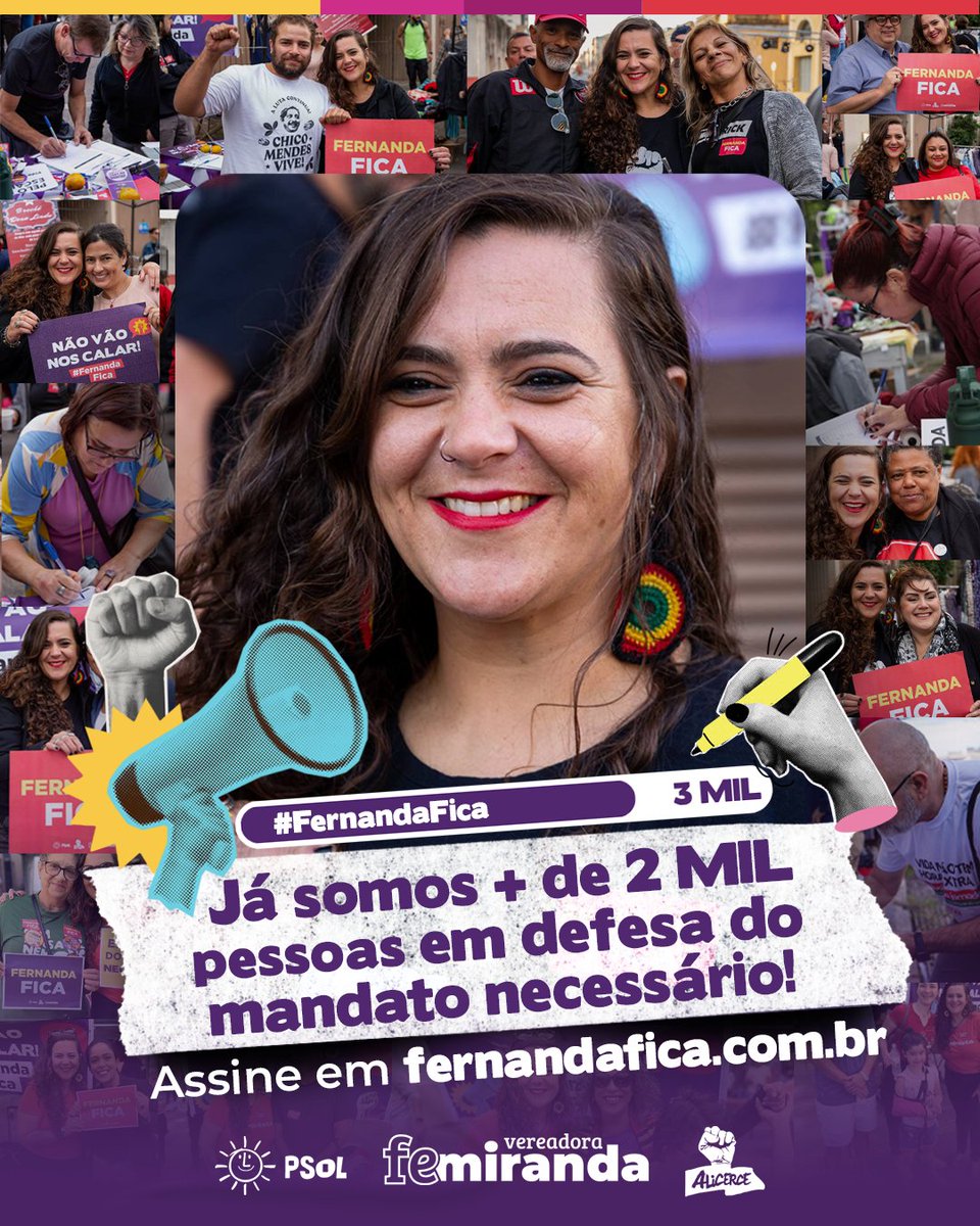 AJUDE A CHEGAR EM 3 MIL ASSINATURAS ✍️ 
+ de 2 MIL pessoas já assinaram o Manifesto em defesa do mandato necessário‼️ Assine e nos ajude a enfrentar esse processo de perseguição injusta e desproporcional! 📲 fernandafica.com.br 
Não vão nos calar: FERNANDA FICA ✊️