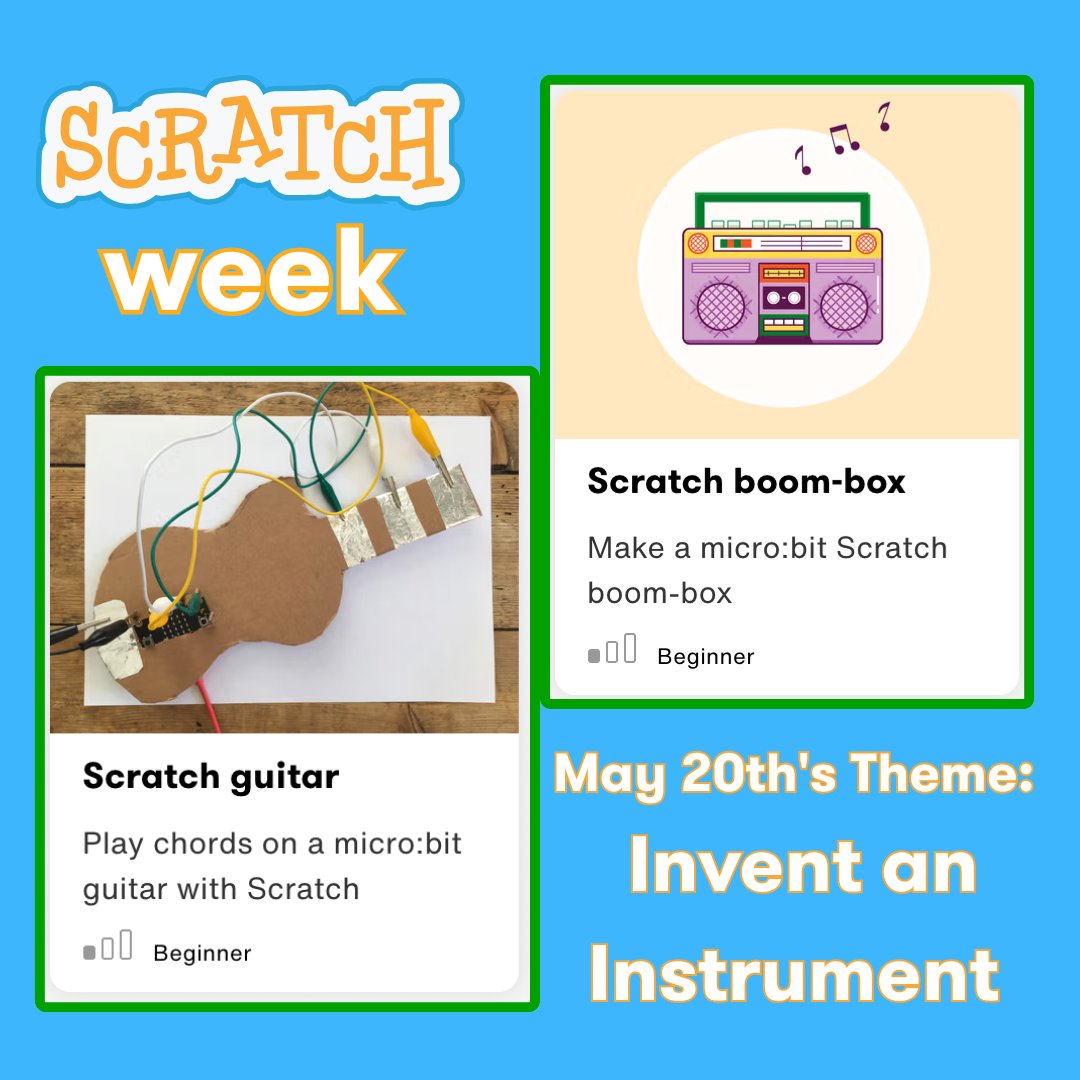 microbit_edu's tweet image. 🎶 Today’s #ScratchWeek theme is “Invent an Instrument” and we have two micro:bit and scratch projects where you can join in the fun:
🎼 Scratch guitar: microbit.org/projects/make-…
🎵 Scratch boom-box: microbit.org/projects/make-…
#scratch #microbit