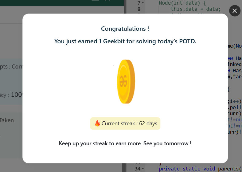 rajeshboya89's tweet image. Day 62: Fire in the Tree 🔥🌳
Today's challenge: Burn the entire tree starting from a target node.
✅ Solved using BFS with parent tracking — each second spreads the fire outward.
#GFG160 #BurningTree #BinaryTree #DSA #GeekStreak2025