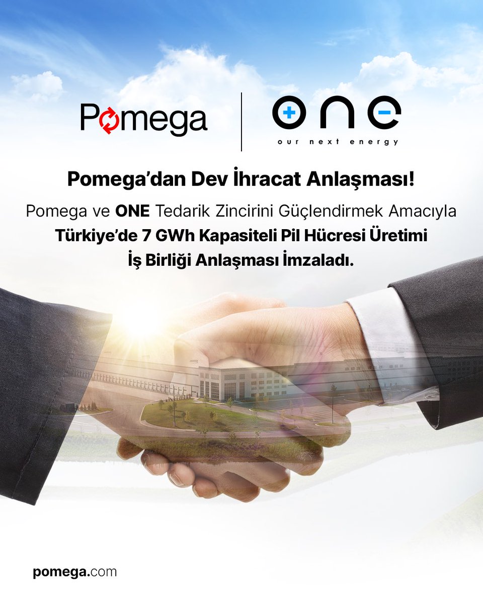 📢 POMEGA’DAN ABD’YE DEV İHRACAT ADIMI! 🇹🇷🤝🇺🇸
ABD’li enerji devi Our Next Energy (ONE) ile 7 GWh kapasiteli pil hücresi üretimi için bağlayıcı ve münhasır bir anlaşmaya imza attık!

🚀 2026’da Ankara’daki gigafabrikamızda üretilecek LFP hücreler, ABD başta olmak üzere küresel