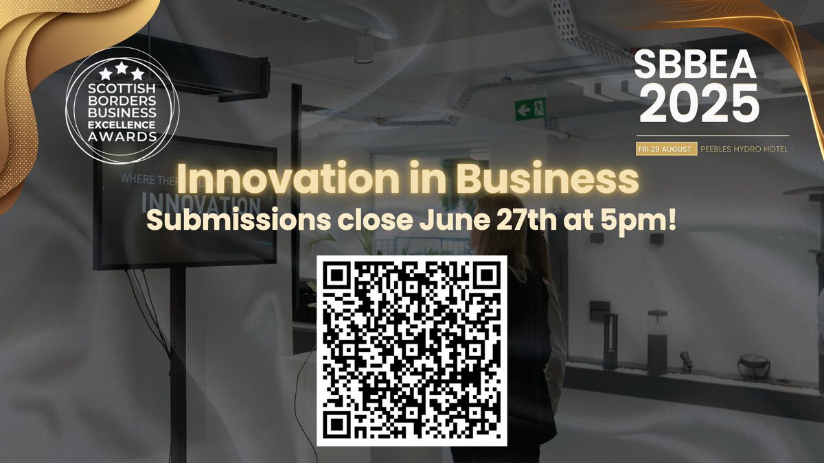 Done something new in your business? A product, process, service or tech that’s changing the game?
Enter the Innovation in Business Award – open to Scottish Borders businesses driving real impact. Deadline: 27 June, 5PM Free to enter
#InnovationAward #BordersBusinessAwards #SBBEA