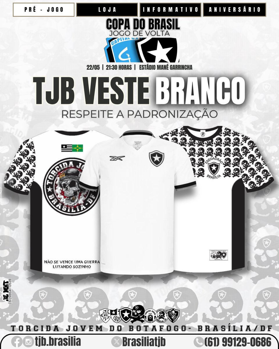 brasiliatjb's tweet photo. TJB VESTE BRANCO! 🏳️
Respeite nossa padronização e colabore com a nossa festa na arquibancada.
SOMOS CAVEIRAS ☠️🏴☠️
#jovemdobotafogo #botafogo #brasilia #CopaDoBrasil2025 #padronizaçao #arquibancada #torcidas #distritofedral https://t.co/lz5D6cupNA