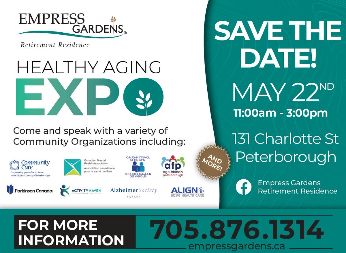 Find us this Thursday, May 22 at the Healthy Aging Expo from 11am - 3pm at Empress Gardens Retirement Residence (131 Charlotte St, Peterborough). A variety of community organizations will be showcased.