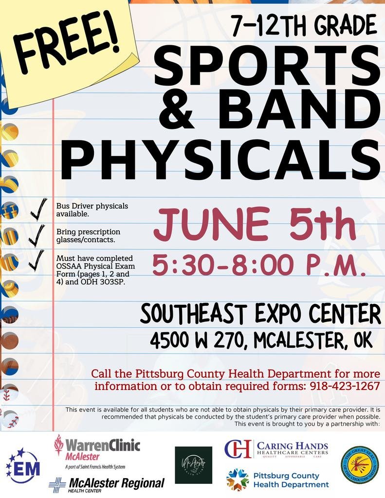 PublicQuinton's tweet photo. FREE Sports physicals at the Southest Expo Center in Mcalester on June 5th from 5:30-8!  See image for details https://t.co/9mSDvMsgON