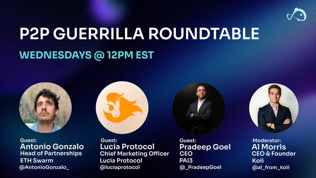 Koii 🎏 (Download Your Node Today!) (@koiifoundation) on Twitter photo ⚡️ P2P Guerrilla Roundtable #5 ⚡️
The peer-to-peer revolution continues - The weekly X Space for those building the decentralized web and freedom tech.
🗓️ Wed @ 12PM EST // 4PM UTC
🎙️ Featuring:
<a href="/AntonioGonzalo_/">Antonio G.</a> from <a href="/ethswarm/">Ethereum Swarm</a>
<a href="/_PradeepGoel/">Pradeep Goel</a> from <a href="/Pai3Ai/">PAI3</a>
<a href="/luciaprotocol/">Lucia Protocol</a> ⚡️ P2P Guerrilla Roundtable #5 ⚡️
The peer-to-peer revolution continues - The weekly X Space for those building the decentralized web and freedom tech.
🗓️ Wed @ 12PM EST // 4PM UTC
🎙️ Featuring:
<a href="/AntonioGonzalo_/">Antonio G.</a> from <a href="/ethswarm/">Ethereum Swarm</a>
<a href="/_PradeepGoel/">Pradeep Goel</a> from <a href="/Pai3Ai/">PAI3</a>
<a href="/luciaprotocol/">Lucia Protocol</a>