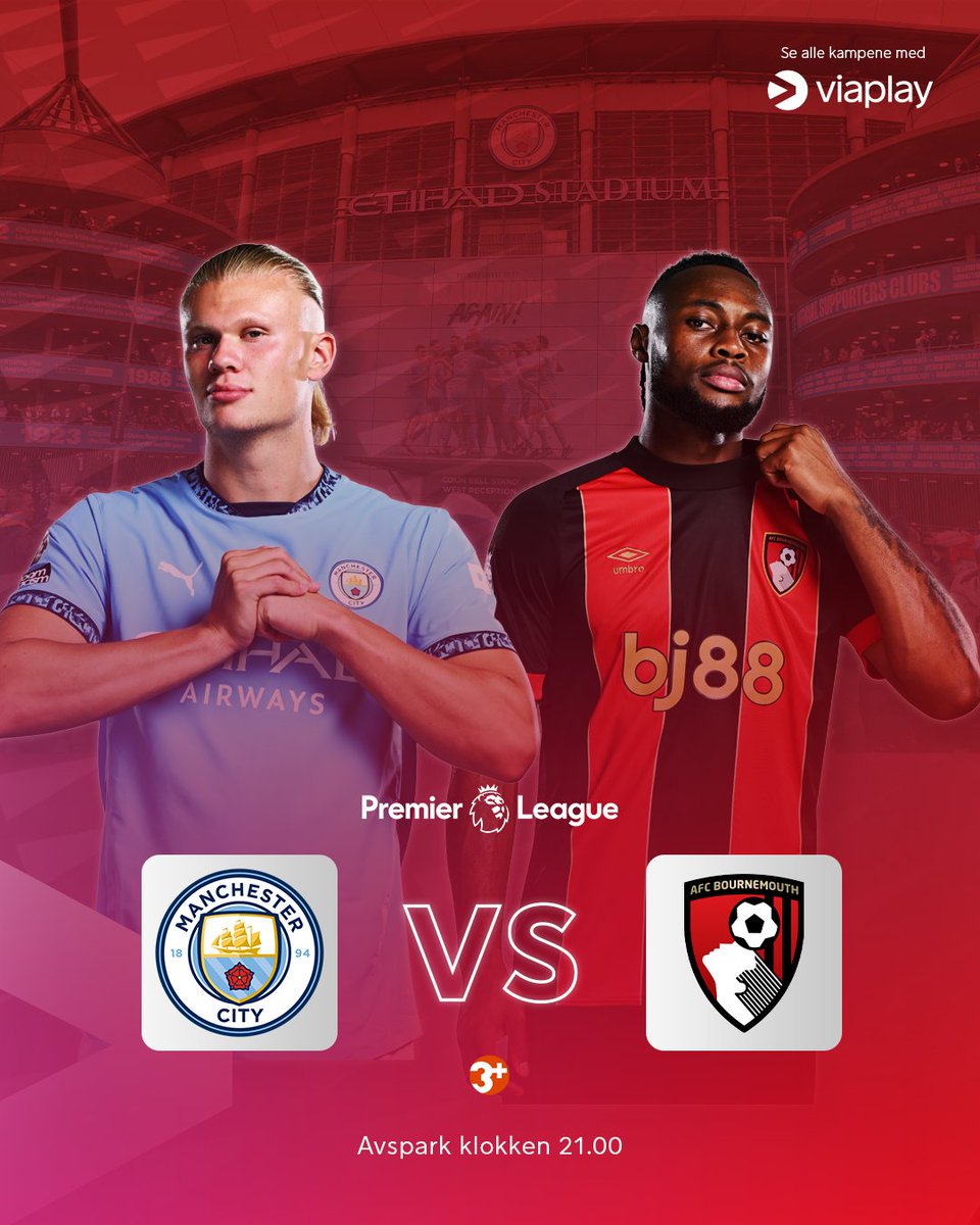 Viaplay Fotball (@viaplayfotball) on Twitter photo 🏆: Premier League
🆚: Manchester City–Bournemouth
🎙️: <a href="/AndreasToft/">Andreas Toft</a> & @tjaernas
🕕: 21:00
📺: Viaplay og TV3+ 🏆: Premier League
🆚: Manchester City–Bournemouth
🎙️: <a href="/AndreasToft/">Andreas Toft</a> & @tjaernas
🕕: 21:00
📺: Viaplay og TV3+