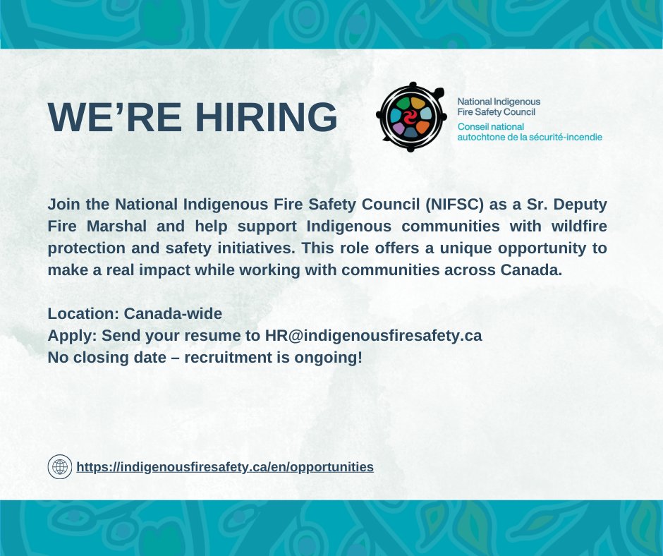 We are hiring!

The National Indigenous Fire Safety Council is seeking an experienced leader to join our team. As Sr. Deputy Fire Marshal, you'll play a vital role in leading national fire safety operations.

To learn more about this role, please visit: indigenousfiresafety.ca/en/opportuniti…