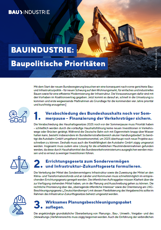 Bauen braucht Klarheit: Die #BAUINDUSTRIE nennt zum #TBI25 sieben Prioritäten für den Aufbruch – vom Infrastrukturhaushalt bis zum Bürokratieabbau. Jetzt ist die Politik am Zug.
bauindustrie.de/tbi25