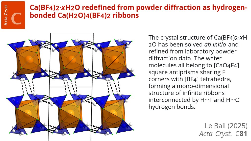 Structural Chemistry (@actacrystc) on Twitter photo Ca(BF4)2·xH2O redefined from powder diffraction <a href="/LeMansUniv/">Le Mans Université</a> #IMMM <a href="/xtalb/">Armel Le Bail</a> #fluoroborate #calcium #hydrate #powderdiffraction #abinitio #crystallography #openaccess <a href="/ActaCrystC/">Structural Chemistry</a> doi.org/10.1107/S20532… Ca(BF4)2·xH2O redefined from powder diffraction <a href="/LeMansUniv/">Le Mans Université</a> #IMMM <a href="/xtalb/">Armel Le Bail</a> #fluoroborate #calcium #hydrate #powderdiffraction #abinitio #crystallography #openaccess <a href="/ActaCrystC/">Structural Chemistry</a> doi.org/10.1107/S20532…