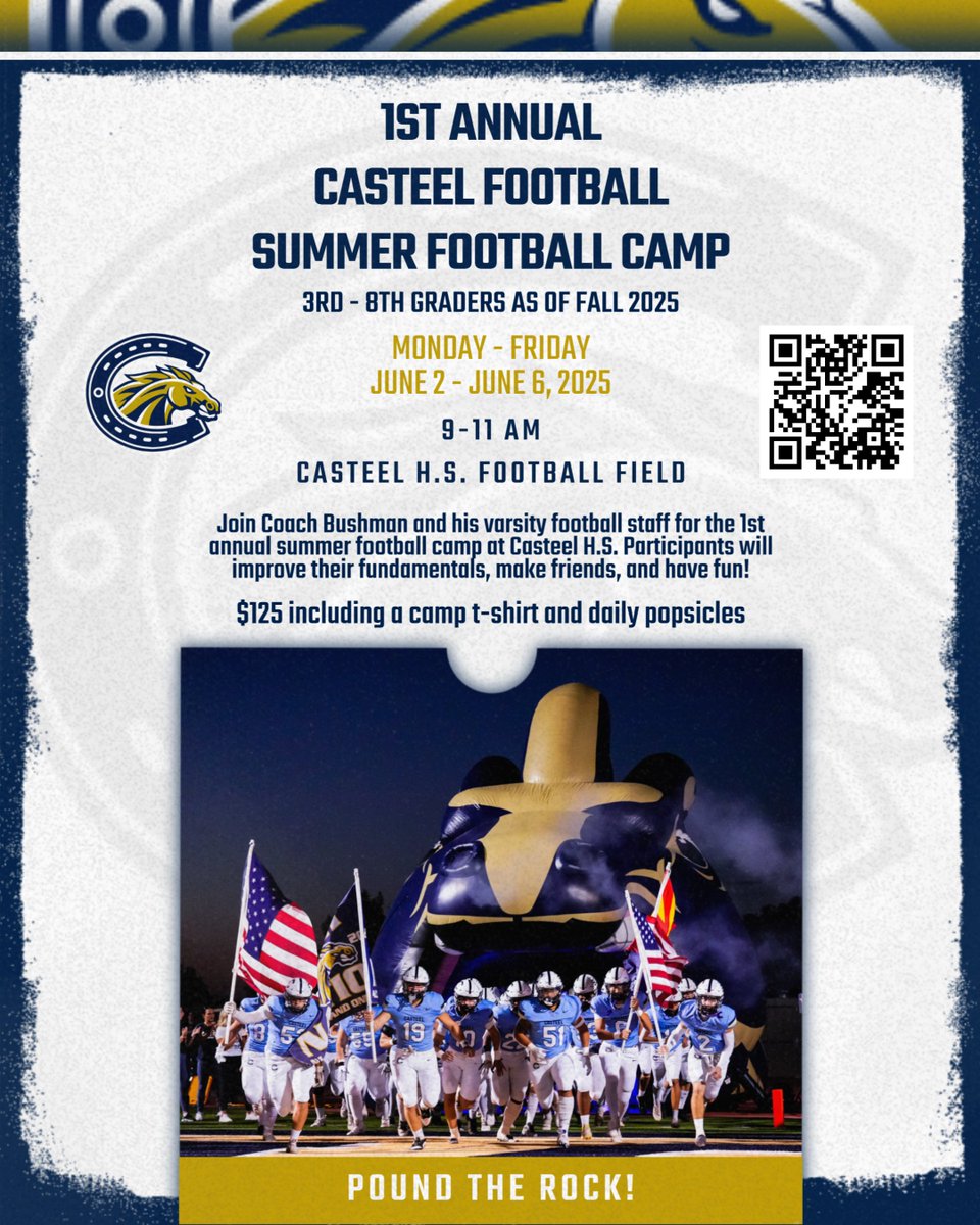Casteel Football (@casteelfootball) on Twitter photo Keep those kids busy and active at our Summer Football Camp! Open for all 3rd - 8th graders as of Fall 2025! #PoundTheRock
Register here:
cusd80.ce.eleyo.com/course/3889/su…
<a href="/JoeBushman5/">Joe Bushman</a> <a href="/CasteelAthletic/">Casteel Athletics</a> <a href="/CUSDAthletics/">CUSDAthletics</a> <a href="/AriannaGrainey/">Arianna Grainey</a> Keep those kids busy and active at our Summer Football Camp! Open for all 3rd - 8th graders as of Fall 2025! #PoundTheRock
Register here:
cusd80.ce.eleyo.com/course/3889/su…
<a href="/JoeBushman5/">Joe Bushman</a> <a href="/CasteelAthletic/">Casteel Athletics</a> <a href="/CUSDAthletics/">CUSDAthletics</a> <a href="/AriannaGrainey/">Arianna Grainey</a>