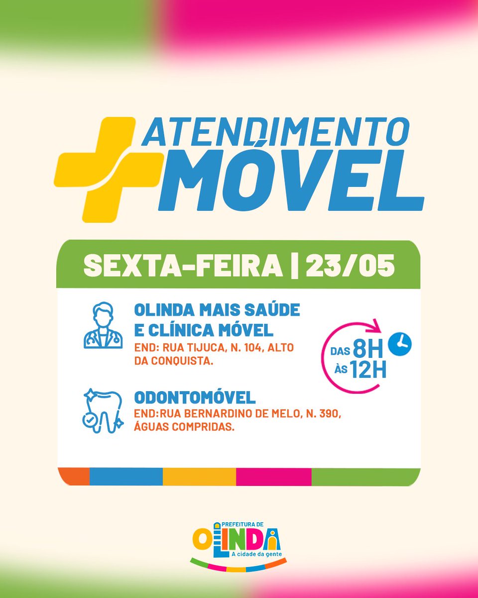 O Odontomóvel e a Clínica Móvel tão na área com atendimento gratuito pra cuidar da sua saúde sem você sair do bairro! 🦷🩺

📆 Quer saber quando eles passam perto da sua casa? É só deslizar pro lado e conferir a agenda completa nos cards!

⏰ Atendimento: das 8h às 12h (alguns