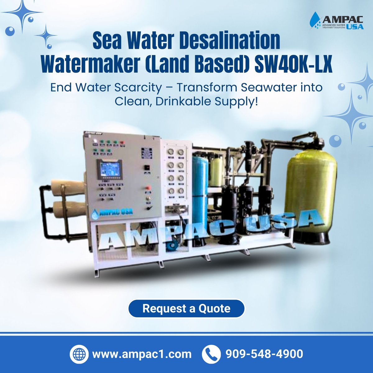 ampacusa's tweet image. Need reliable desalination for land-based operations?
The SW40K-LX delivers high-volume, high-purity water – built to perform under extreme coastal conditions.
Visit us: bit.ly/45kwSf9 
#SeawaterDesalination #Watermaker #AMPACUSA #DesalinationPlant #WaterEngineering