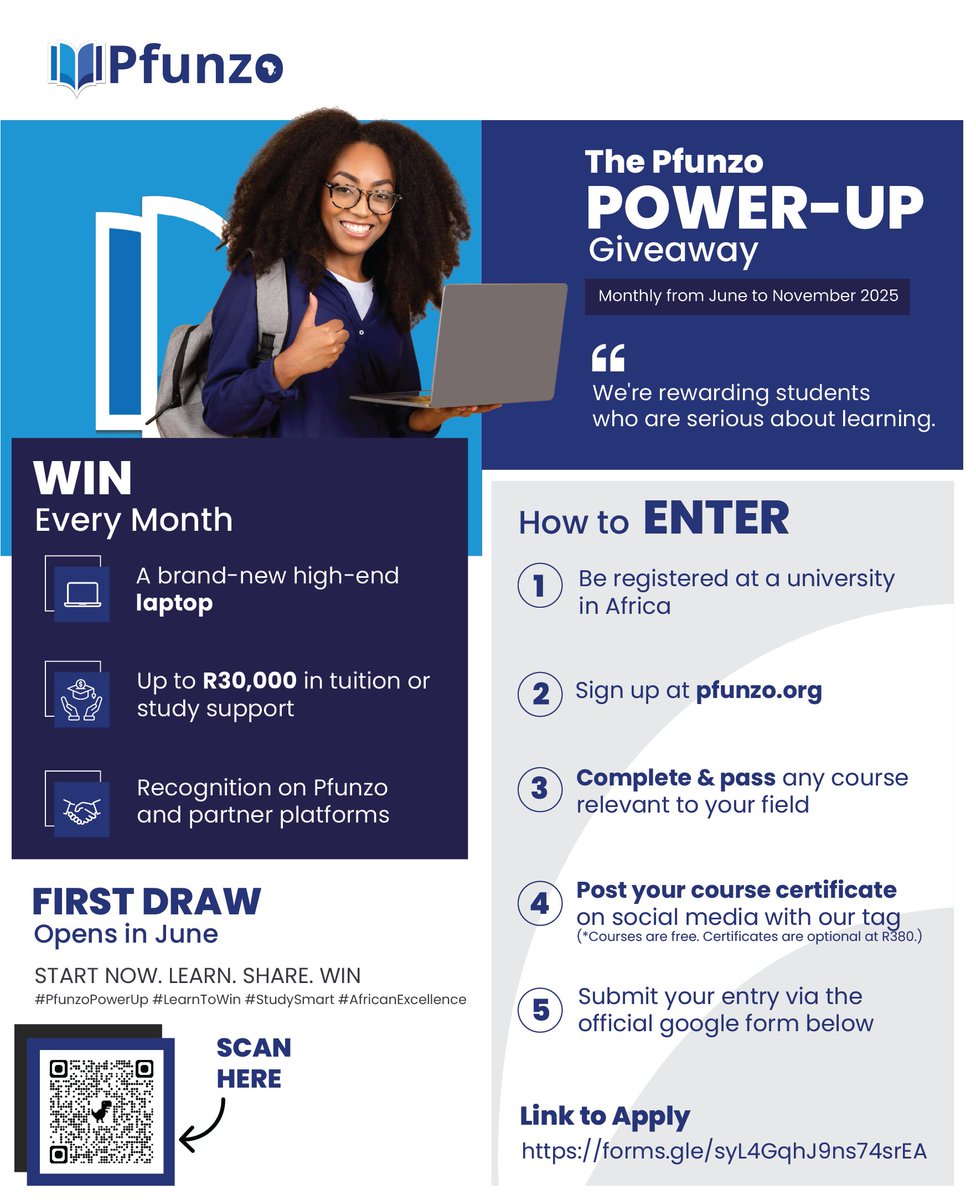 PfunzoLMS's tweet photo. Pfunzo POWER-UP Giveaway!
Win BIG:
- A brand-new laptop
- Up to R30,000 in tuition support
How to Enter:
1. Complete a course
2. Retweet and comment with a screenshot
3. Use #PfunzoPowerUp
Learn More: https://t.co/sFXBTqrkPC
Good luck! https://t.co/HZ4f5qpeRl